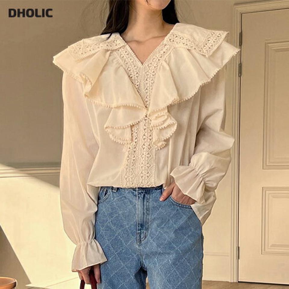 フリルレースブラウス・全3色・t00034 レディース 【bl】韓国ファッション トップス ブラウス 長袖 Vネック フリル レース ポンポン セーラーカラー シンプル 大人 ルーズ 体型カバー カジュアル フェミニン 春 秋 冬