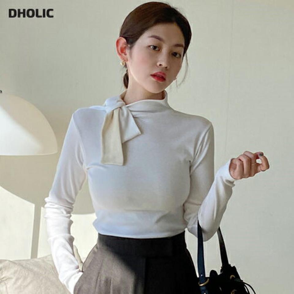 配色リボンネックTシャツ・全3色・t00036 レディース 【tops】韓国ファッション トップス Tシャツ 大人 長袖 ハーフネック リボン 配色 バイカラー スリム シンプル 細身 フェミニン カジュアル 秋 冬 クリスマス