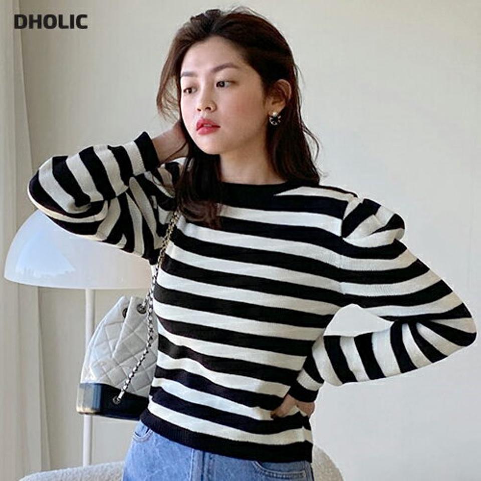 ボーダーパフニット・全3色・b00040 レディース 【tops】韓国ファッション トップス ニット 大人 長袖 ラウンドネック ボーダー パフスリーブ ドロップ丈 リブ シンプル フェミニン カジュアル 秋 冬