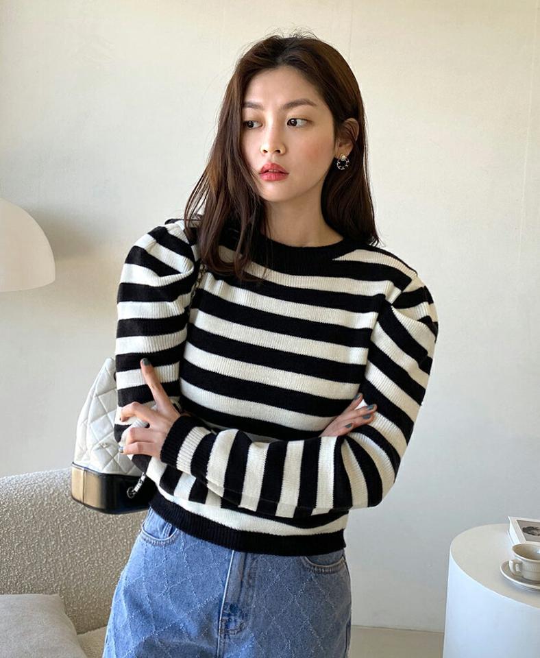 ボーダーパフニット・全3色・b00040 レディース 【tops】韓国ファッション トップス ニット 大人 長袖 ラウンドネック ボーダー パフスリーブ ドロップ丈 リブ シンプル フェミニン カジュアル 秋 冬