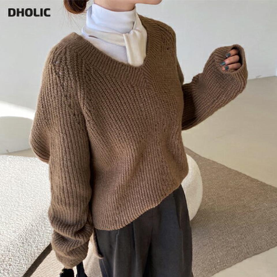 Vネックラグランニット・全4色・t00043 レディース 【tops】韓国ファッション トップス ニット 大人 長袖 Vネック ラグラン パンチング オーバーサイズ ルーズ 異素材 シンプル 体型カバー フェミニン カジュアル 秋 冬