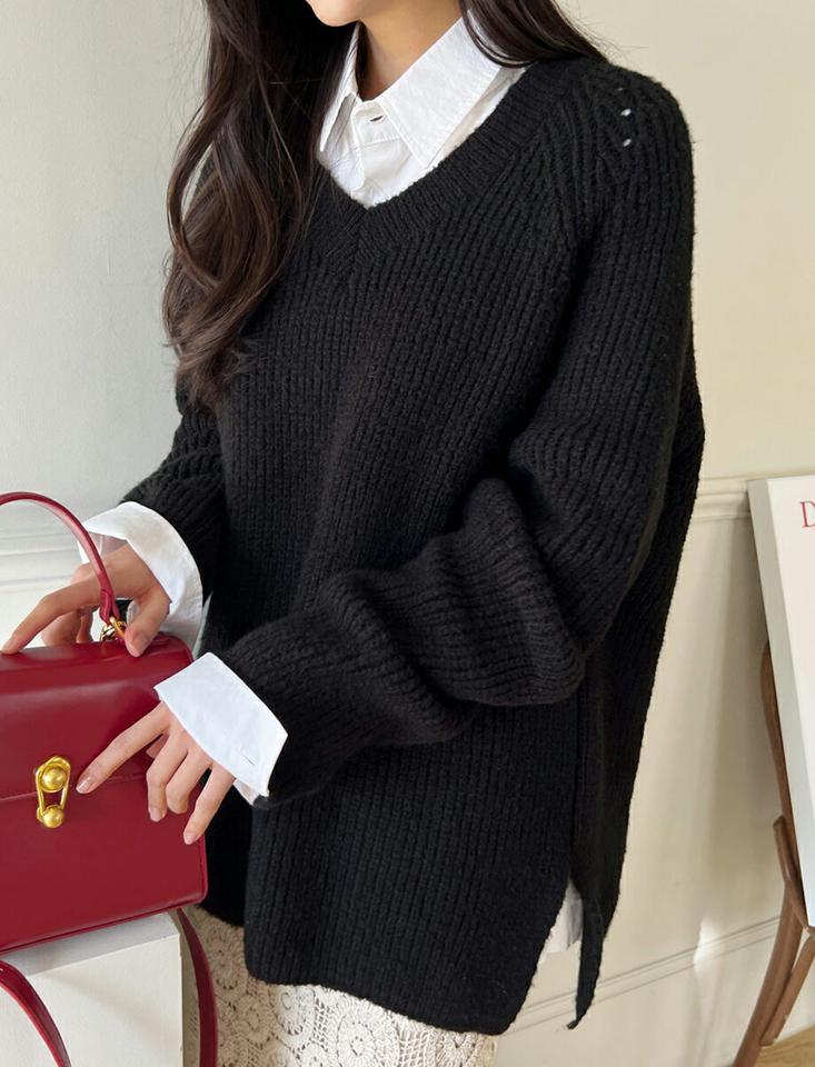 Vネックラグランニット・全4色・t00043 レディース 【tops】韓国ファッション トップス ニット 大人 長袖 Vネック ラグラン パンチング オーバーサイズ ルーズ 異素材 シンプル 体型カバー フェミニン カジュアル 秋 冬