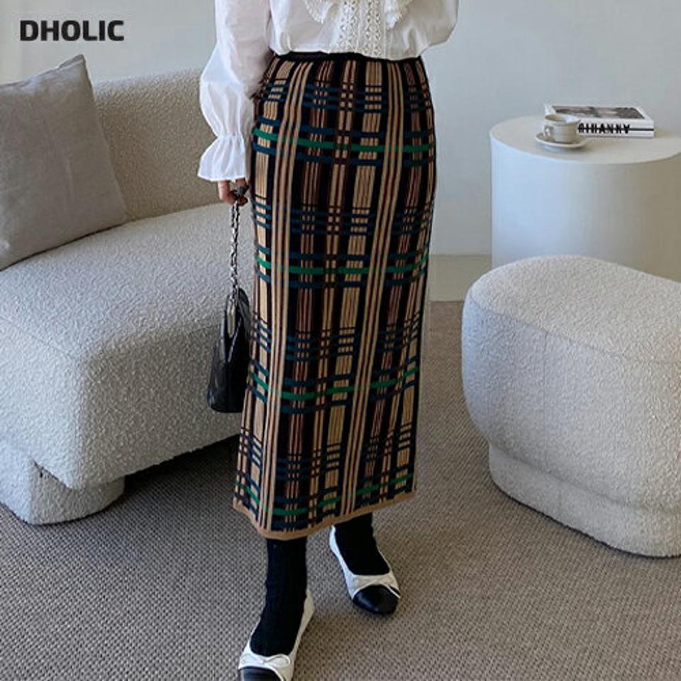 チェックニットIラインスカート・全2色・b00063 レディース 【sk】韓国ファッション ボトムス スカート ロング ロングスカート チェック ニットスカート Iライン ロング丈 ウエストゴム シンプル 大人 カジュアル フェミニン 体型カバー 秋 冬