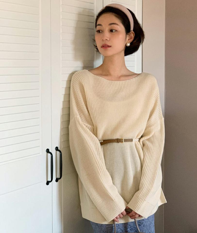 スリットへムボートネックニット・全6色・t64530 レディース 【tops】トップス ニット 長袖 スリット ボートネック ゆったり オーバーサイズ ルーズ 単色 無地 シンプル カジュアル ラフ 大人 秋 冬 韓国ファッション ハイホリHIHOLLI