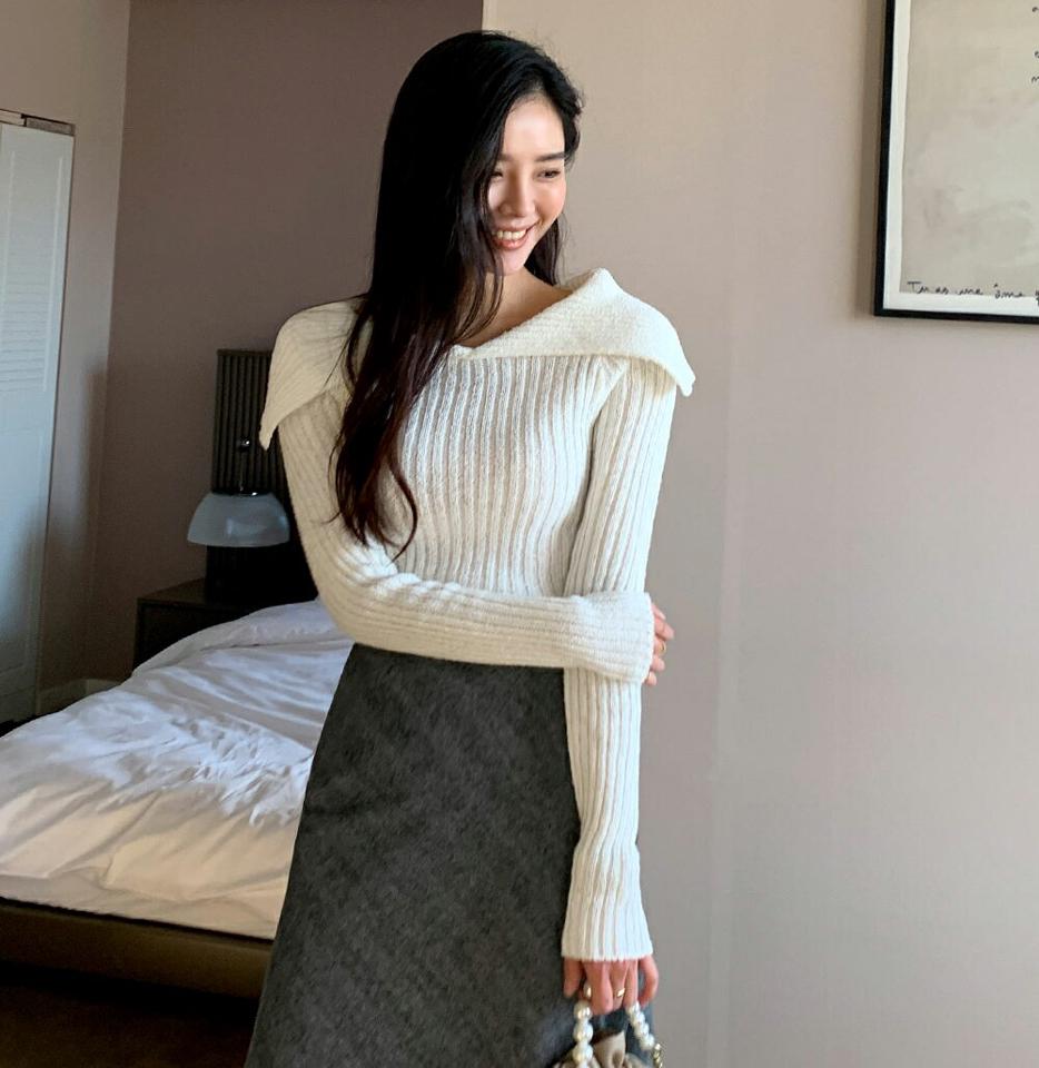 2WAYビッグカラーリブニット・全4色・t64532 レディース 【tops】トップス ニット 長袖 Vネック オフショルダー リブニット デコルテ カラーニット 襟 韓国ファッション ハイホリHIHOLLI