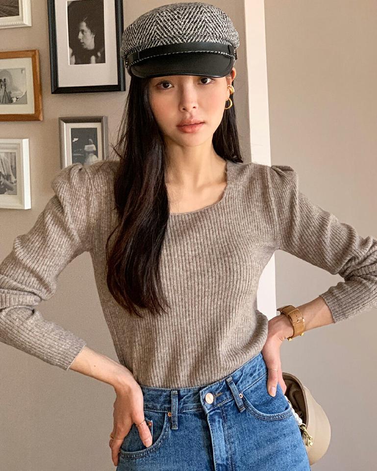 スクエアネックパフスリーブニット・全5色・t64534 レディース 【tops】トップス ニット 長袖 年上 パフスリーブ パフ袖 スクエアネック デコルテ 単色 無地 シンプル かわいい 大人 パフスリーブ パフ袖 秋 冬 韓国ファッション ハイホリHIHOLLI