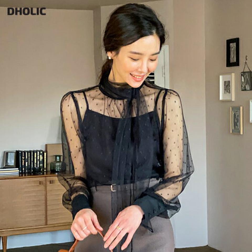 キャミ付ドットシースルータイブラウス・全2色・t64535 レディース 【bl】トップス ブラウス 長袖 透け感 シアー シースルー ドット柄 キャミソール スリーブレス ノースリーブ ガーリー セット 春 秋 冬 韓国ファッション ハイホリHIHOLLI