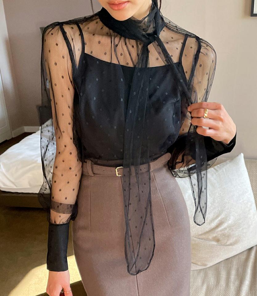 キャミ付ドットシースルータイブラウス・全2色・t64535 レディース 【bl】トップス ブラウス 長袖 透け感 シアー シースルー ドット柄 キャミソール スリーブレス ノースリーブ ガーリー セット 春 秋 冬 韓国ファッション ハイホリHIHOLLI