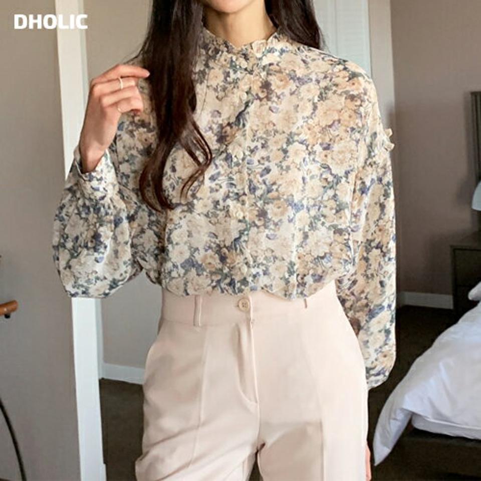 即日配送 フラワーフリルブラウス・全2色・b64537 レディース 【bl】トップス ブラウス 長袖 花柄 フリル ガーリー 大人 フェミニン 華やか かわいい 可愛い 秋 冬 春 韓国ファッション ハイホリHIHOLLI