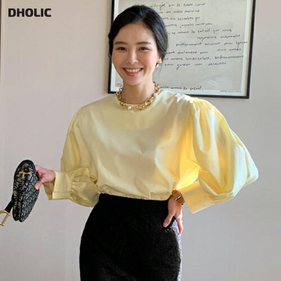 ラウンドパフショルダーブラウス・全4色・t64536 レディース 【bl】トップス ブラウス 長袖 パフ袖 ラウンドネック 単色 無地 シンプル 大人 きれいめ ベーシック 秋 冬 春 韓国ファッション ハイホリHIHOLLI