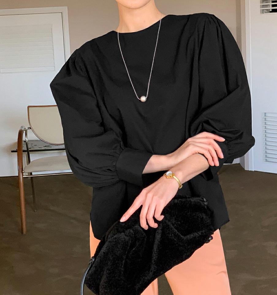 ラウンドパフショルダーブラウス・全4色・t64536 レディース 【bl】トップス ブラウス 長袖 パフ袖 ラウンドネック 単色 無地 シンプル 大人 きれいめ ベーシック 秋 冬 春 韓国ファッション ハイホリHIHOLLI