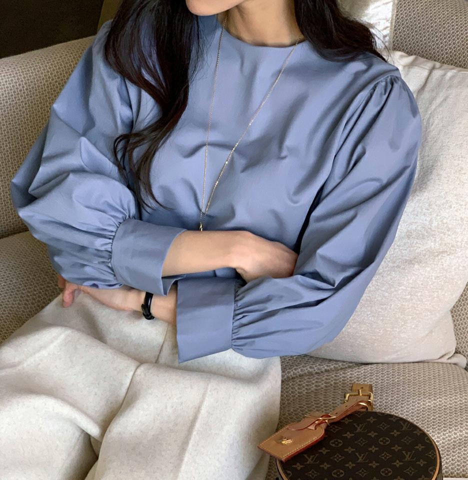 ラウンドパフショルダーブラウス・全4色・t64536 レディース 【bl】トップス ブラウス 長袖 パフ袖 ラウンドネック 単色 無地 シンプル 大人 きれいめ ベーシック 秋 冬 春 韓国ファッション ハイホリHIHOLLI