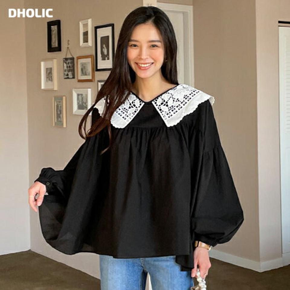 2WAYレースビッグカラーブラウス・全2色・t64538 レディース 【bl】トップス ブラウス 長袖 ビッグカラー 襟 レース ボリューム袖 シンプル かわいい 可愛い 前後着用自由 ギャザー ゆったり 秋 冬 韓国ファッション ハイホリHIHOLLI