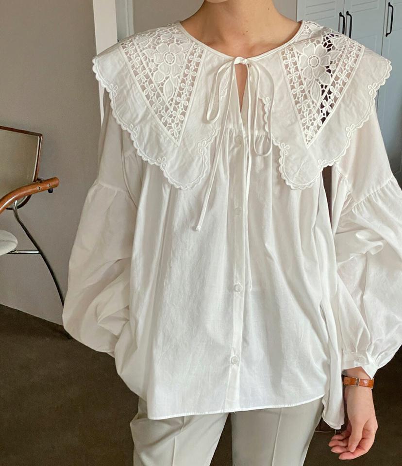 2WAYレースビッグカラーブラウス・全2色・t64538 レディース 【bl】トップス ブラウス 長袖 ビッグカラー 襟 レース ボリューム袖 シンプル かわいい 可愛い 前後着用自由 ギャザー ゆったり 秋 冬 韓国ファッション ハイホリHIHOLLI