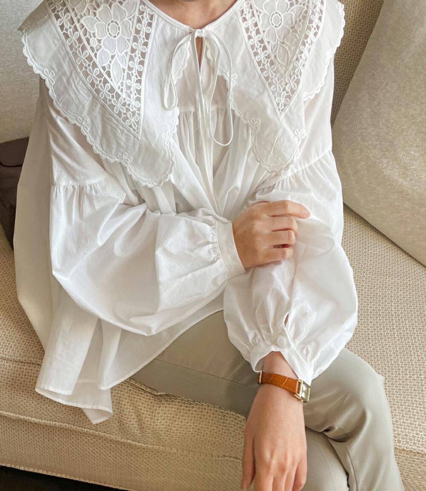 2WAYレースビッグカラーブラウス・全2色・t64538 レディース 【bl】トップス ブラウス 長袖 ビッグカラー 襟 レース ボリューム袖 シンプル かわいい 可愛い 前後着用自由 ギャザー ゆったり 秋 冬 韓国ファッション ハイホリHIHOLLI