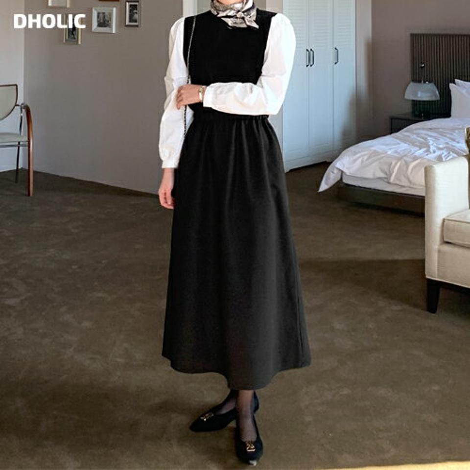 配色スリーブロングワンピース・全1色・t64539 レディース 【ops】ワンピース ロング丈 ロングワンピース 長袖 シンプル シャツ風 大人 秋 冬 韓国ファッション ハイホリHIHOLLI