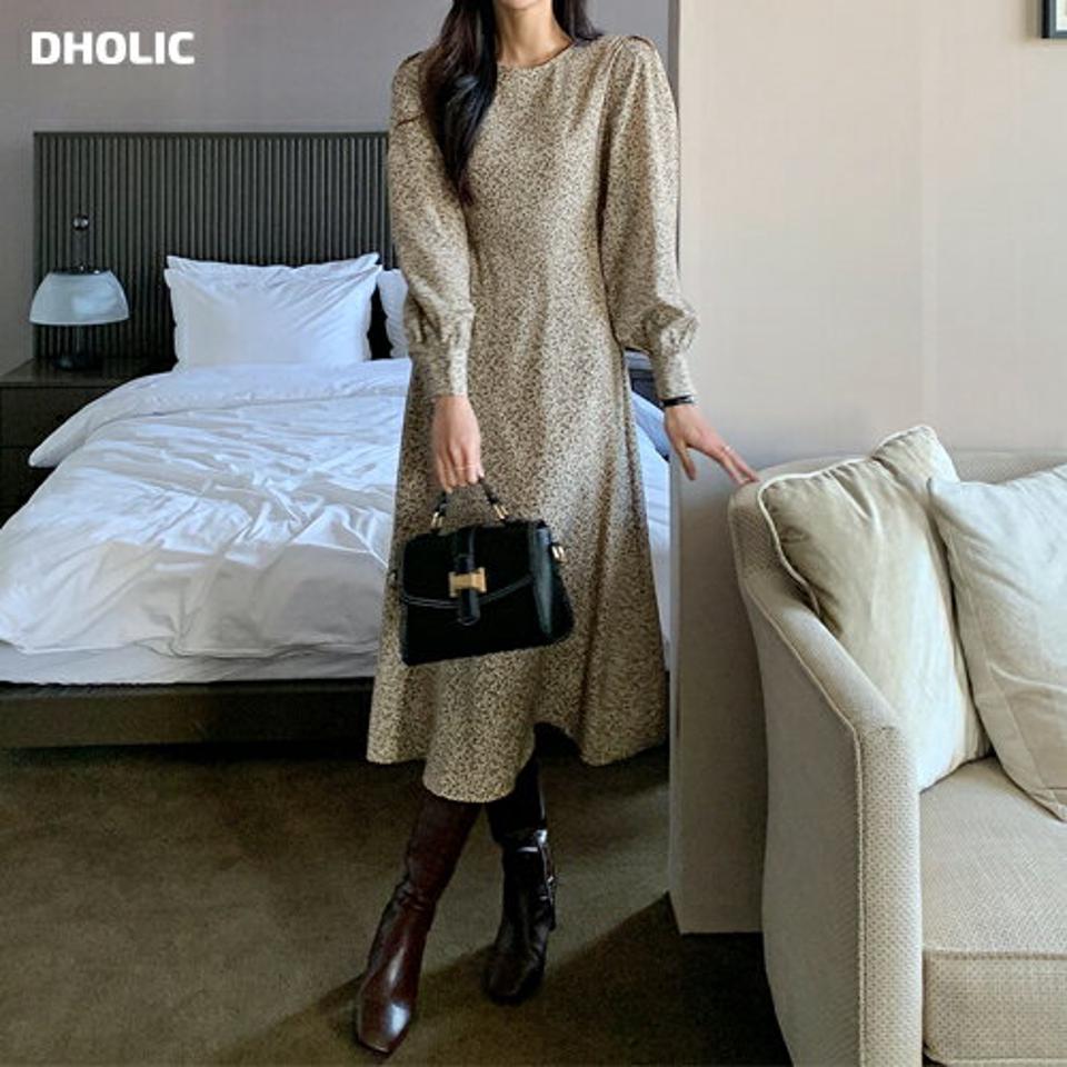 フラワーパターンロングワンピース・全2色・b64540 レディース 【ops】ワンピース ロング丈 ロングワンピース 花柄 長袖 フェミニン 大人 きれいめ フレア レトロ 秋 冬 春 韓国ファッション ハイホリHIHOLLI