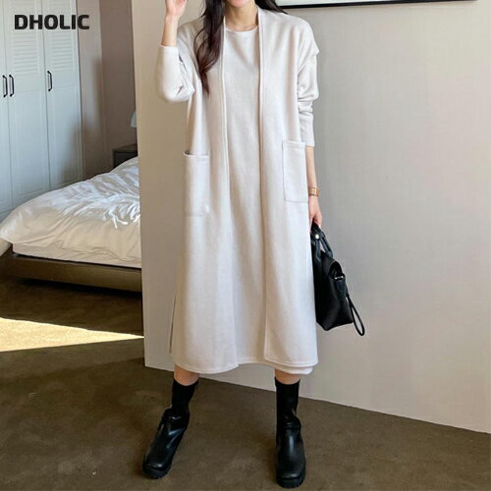 起毛ロングベスト&ワンピースSET・全2色・t64542 レディース 【ops】セット ベスト ロング丈 ロング丈 ロングワンピース 長袖 単色 無地 シンプル ゆったり ラフ カジュアル 大人 秋 冬 韓国ファッション ハイホリHIHOLLI