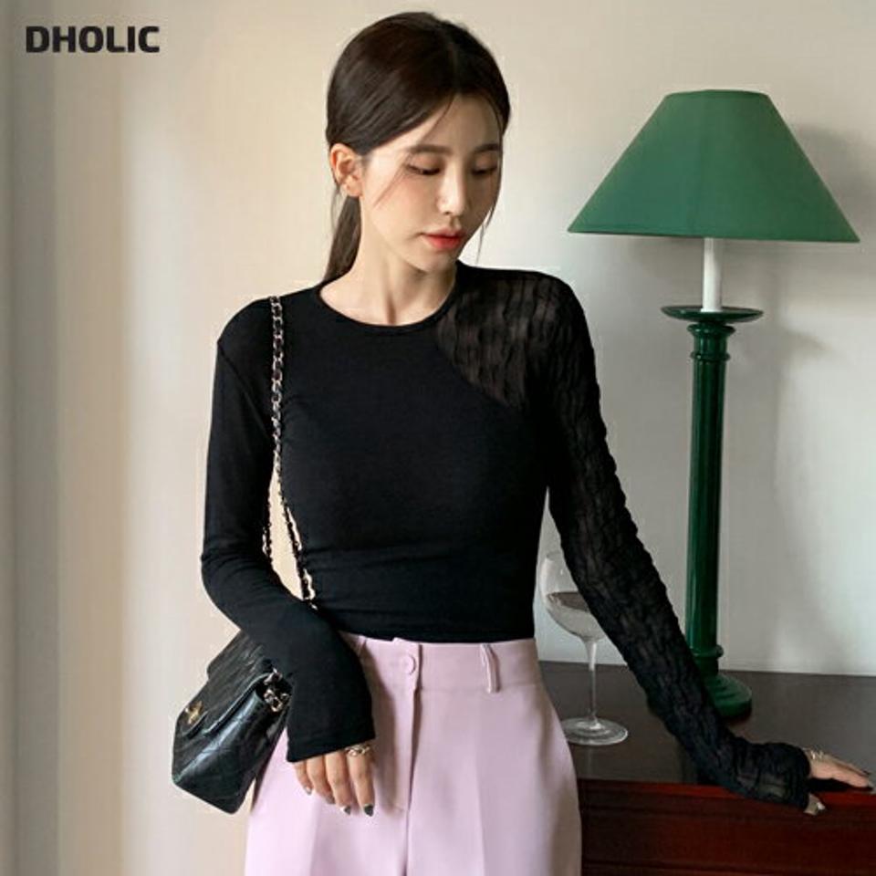 ウェーブレース長袖Tシャツ・全2色・t66483 レディース 【tops】韓国ファッション トップス Tシャツ 大人 長袖 ラウンドネック ウェーブレース クロップド丈 ユニーク シンプル スリム 体型カバー 細身 フェミニン カジュアル 秋 冬