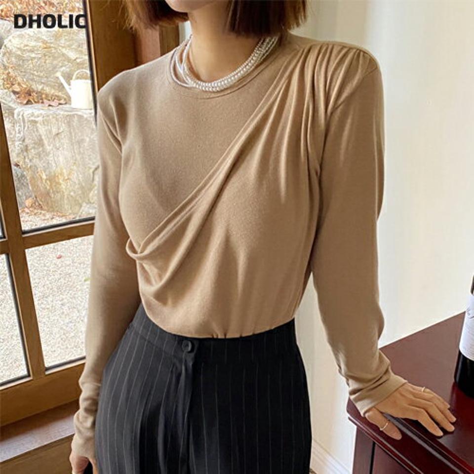 ドレープディテールTシャツ・全3色・t66485 レディース 【tops】韓国ファッション トップス Tシャツ 大人 長袖 ラウンドネック ドレープ ギャザー ラップ風 アンバランス ユニーク シンプル 体型カバー 細身 フェミニン カジュアル 秋 冬