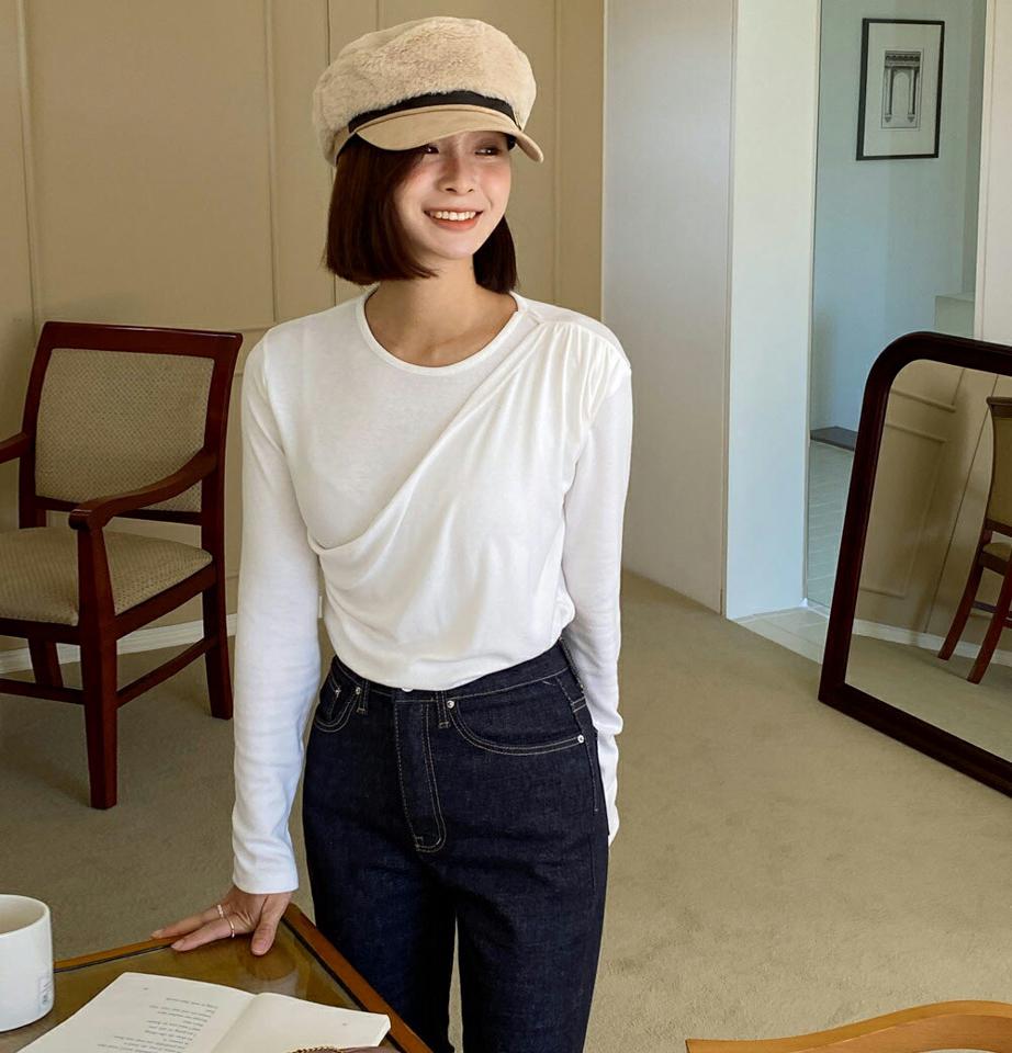 ドレープディテールTシャツ・全3色・t66485 レディース 【tops】韓国ファッション トップス Tシャツ 大人 長袖 ラウンドネック ドレープ ギャザー ラップ風 アンバランス ユニーク シンプル 体型カバー 細身 フェミニン カジュアル 秋 冬