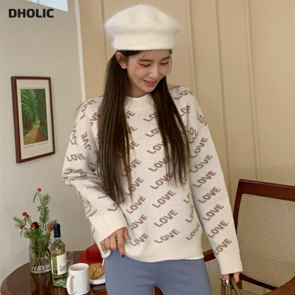 ラウンドLOVEパターンニット・全2色・b66489 レディース 【tops】韓国ファッション トップス ニット 大人 長袖 ラウンドネック LOVEパターン 異素材 シンプル 体型カバー フェミニン カジュアル 秋 冬