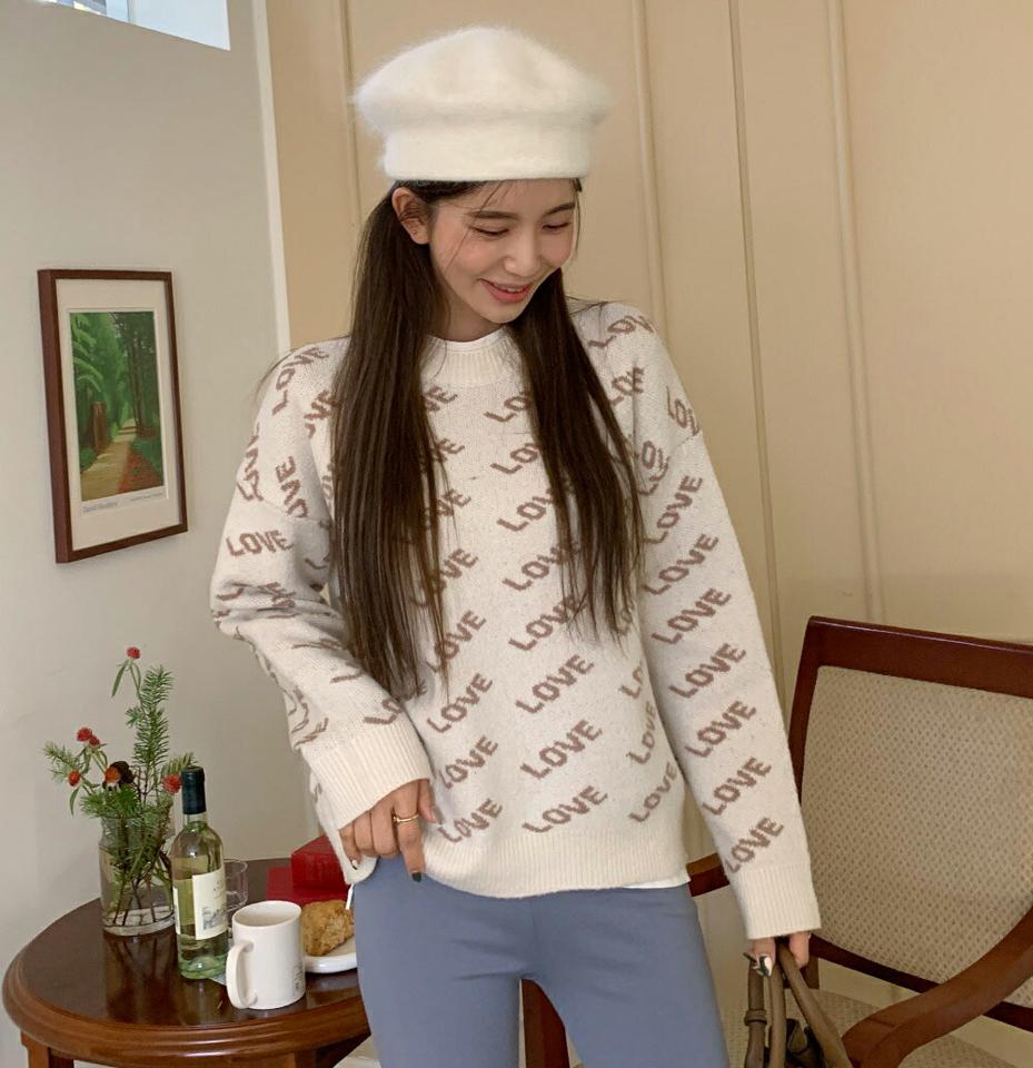 ラウンドLOVEパターンニット・全2色・b66489 レディース 【tops】韓国ファッション トップス ニット 大人 長袖 ラウンドネック LOVEパターン 異素材 シンプル 体型カバー フェミニン カジュアル 秋 冬