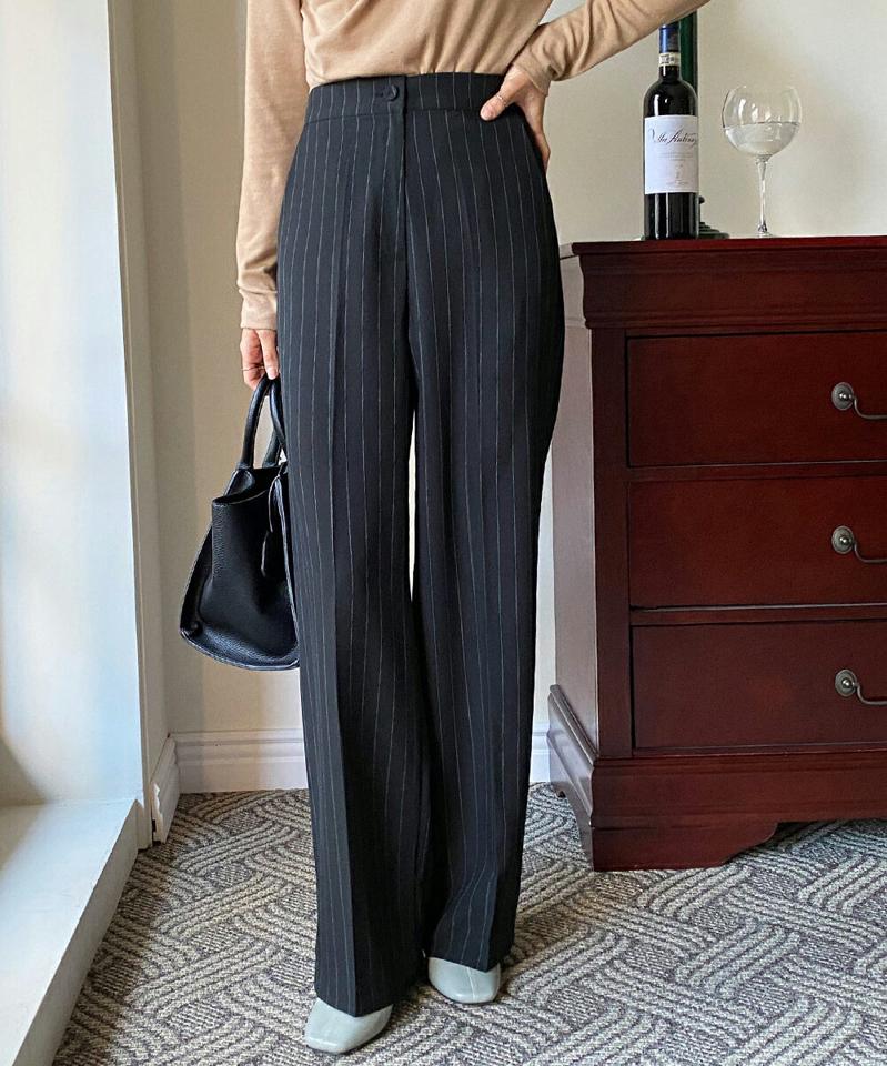 ストライプテクスチャーワイドスラックス・全2色・t66508 レディース 【pt】韓国ファッション ボトムス ロング ロングパンツ スラックスパンツ スラックス ストライプ ハイウエスト ワイド シンプル カジュアル フェミニン 秋 冬