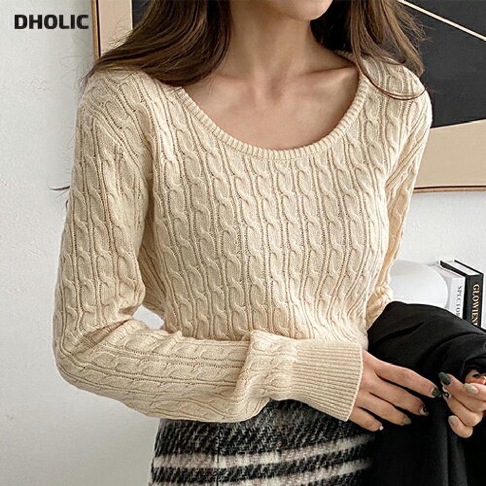 カシミヤ混ケーブルニット・全4色・t01866 レディース 【tops】韓国ファッション トップス ニット 長袖 Uネック カシミヤ混 ケーブル編み フェミニン シンプル デイリー 体型カバー カジュアル 秋 冬 NIJU