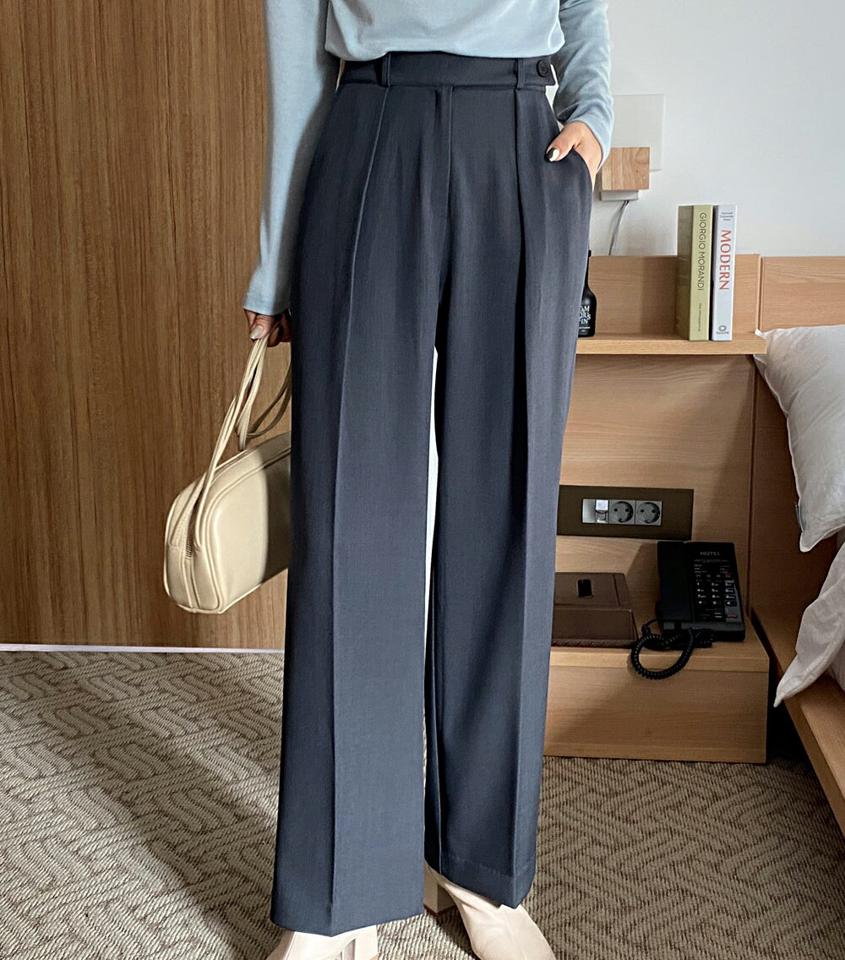 ボタンストラップスラックス・全2色・t01876 レディース 【pt】韓国ファッション ボトムス パンツ ロング ロングパンツ スラックスパンツ ボタンストラップ デイリー ベルトループ ハイウエスト 無地 シンプル 足長 体型カバー 秋 冬 NIJU