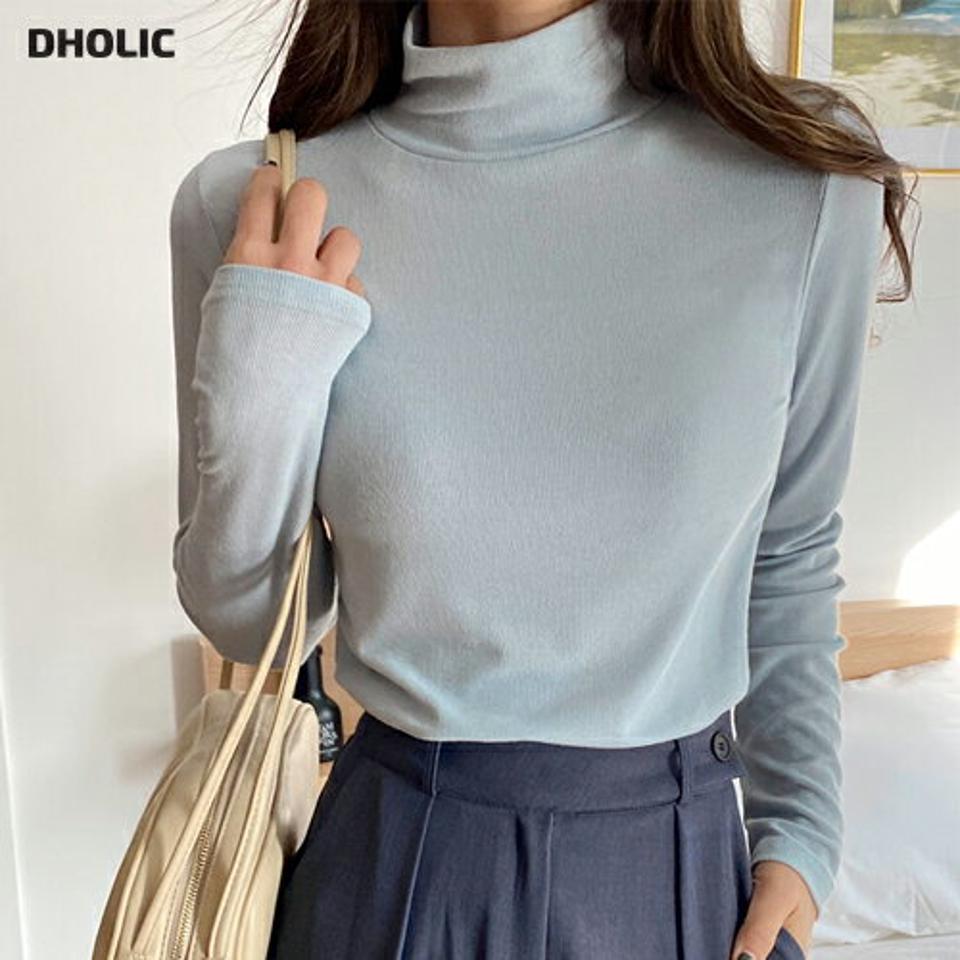 リブハイネックTシャツ・全5色・t01864 レディース 【tops】韓国ファッション トップス Tシャツ 長袖 ハイネック リブ 無地 単色 ベーシック シンプル フェミニン スリム 体型カバー カジュアル デイリー 秋 冬 NIJU