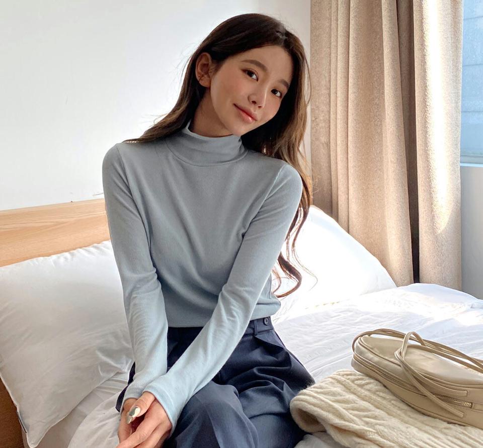 リブハイネックTシャツ・全5色・t01864 レディース 【tops】韓国ファッション トップス Tシャツ 長袖 ハイネック リブ 無地 単色 ベーシック シンプル フェミニン スリム 体型カバー カジュアル デイリー 秋 冬 NIJU