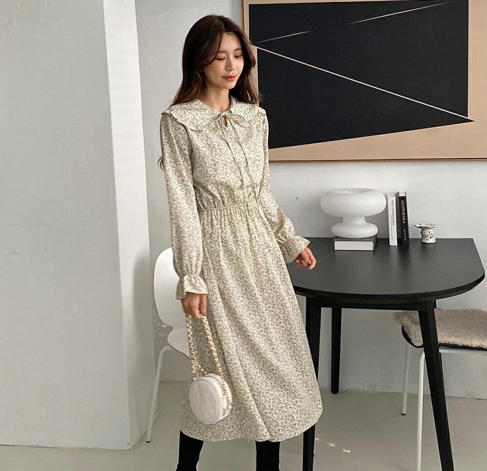 小花柄フリルカラーフレアワンピース・全3色・t01892 レディース 【ops】韓国ファッション ワンピース ロングワンピース 長袖 小花柄 花柄 フラワー フリルカラー フレア リボン ロング丈 シンプル 体型カバー カジュアル 秋 冬 NIJU