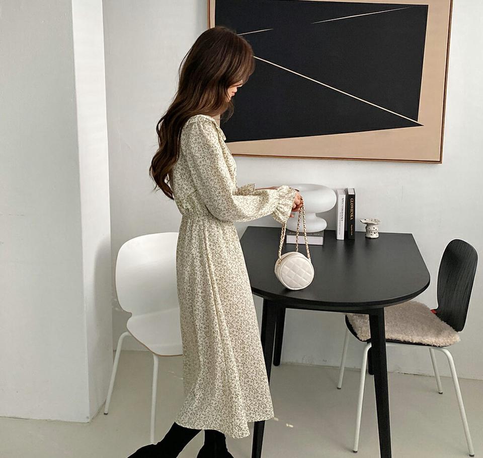 小花柄フリルカラーフレアワンピース・全3色・t01892 レディース 【ops】韓国ファッション ワンピース ロングワンピース 長袖 小花柄 花柄 フラワー フリルカラー フレア リボン ロング丈 シンプル 体型カバー カジュアル 秋 冬 NIJU