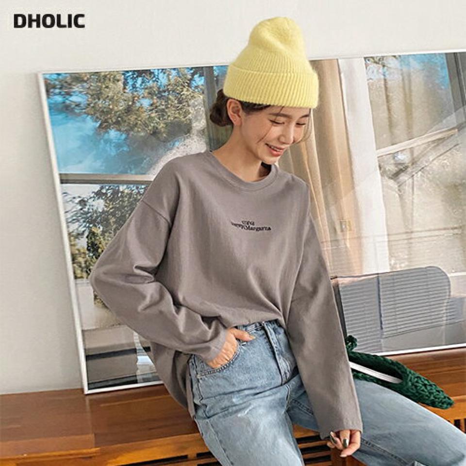 起毛刺繍レタリングTシャツ・全3色・b01863 レディース 【tops】韓国ファッション トップス Tシャツ 長袖 ラウンドネック 起毛 刺繍 レタリング 英字 ロゴ スリット シンプル フェミニン 体型カバー カジュアル デイリー 秋 冬 NIJU
