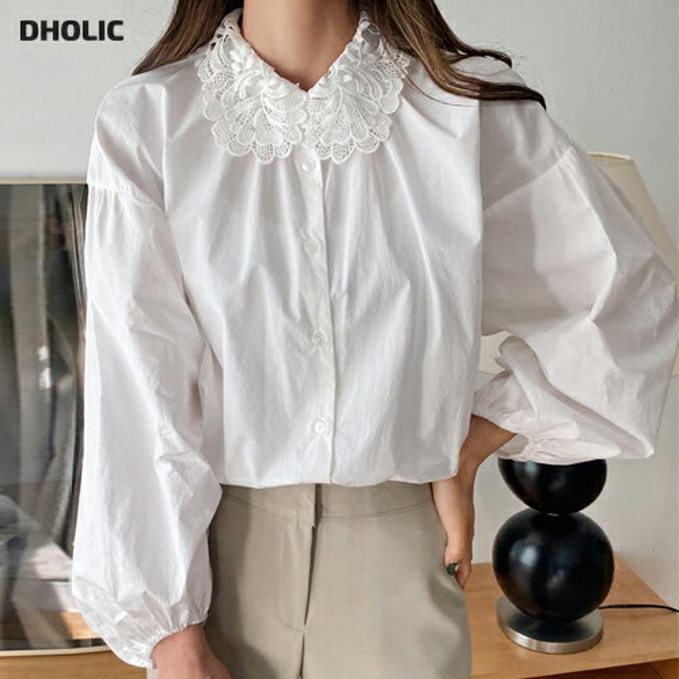 レースカラーブラウス・全2色・b01890 レディース 【bl】韓国ファッション トップス ブラウス 長袖 カラーネック レースカラー パフスリーブ ボタン 襟コン　大人 シンプル フェミニン ルーズ 上品 体型カバー 細身 ガーリー カジュアル 春 秋 冬 NIJU