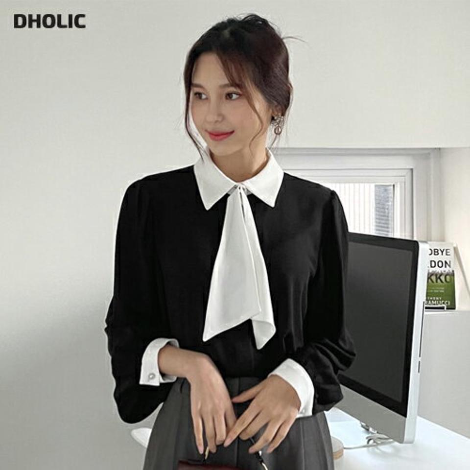 ≪人気商品再入荷≫タイ付配色カラーブラウス・全2色・b66165 レディース 【bl】韓国ファッション トップス ブラウス 長袖 カラーネック タイ付 配色 パール調 ボタン メリハリ ギャザー シンプル 大人 カジュアル フェミニン 春 バイカラー 秋 冬