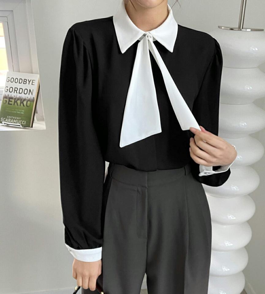 ≪人気商品再入荷≫タイ付配色カラーブラウス・全2色・b66165 レディース 【bl】韓国ファッション トップス ブラウス 長袖 カラーネック タイ付 配色 パール調 ボタン メリハリ ギャザー シンプル 大人 カジュアル フェミニン 春 バイカラー 秋 冬