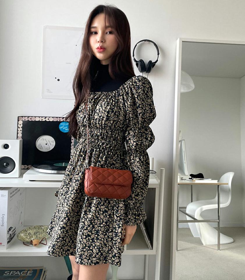 2WAYフラワーワンピース・全2色・t66152 レディース 【ops】韓国ファッション ワンピース ミニ ミニワンピース 長袖 スクエアネック 花柄 フラワー フローラル ウエストゴム ミニ丈 シンプル ガーリー 体型カバー カジュアル 秋 冬