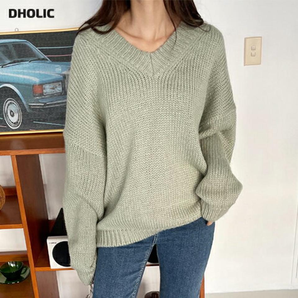 Vネックオーバーフィットニット・全4色・t66166 レディース 【tops】韓国ファッション トップス ニット 大人 長袖 Vネック オーバーフィット ルーズ パンチング 無地 ベーシック シンプル 体型カバー フェミニン カジュアル 秋 冬