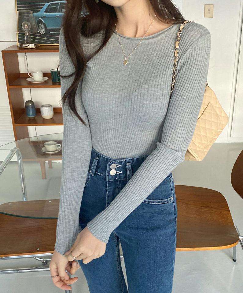 リブロールラウンドスリムニット・全5色・b66161 レディース 【tops】韓国ファッション トップス ニット 大人 長袖 ラウンドネック リブロール スリム 無地 ベーシック シンプル フェミニン カジュアル 秋 冬