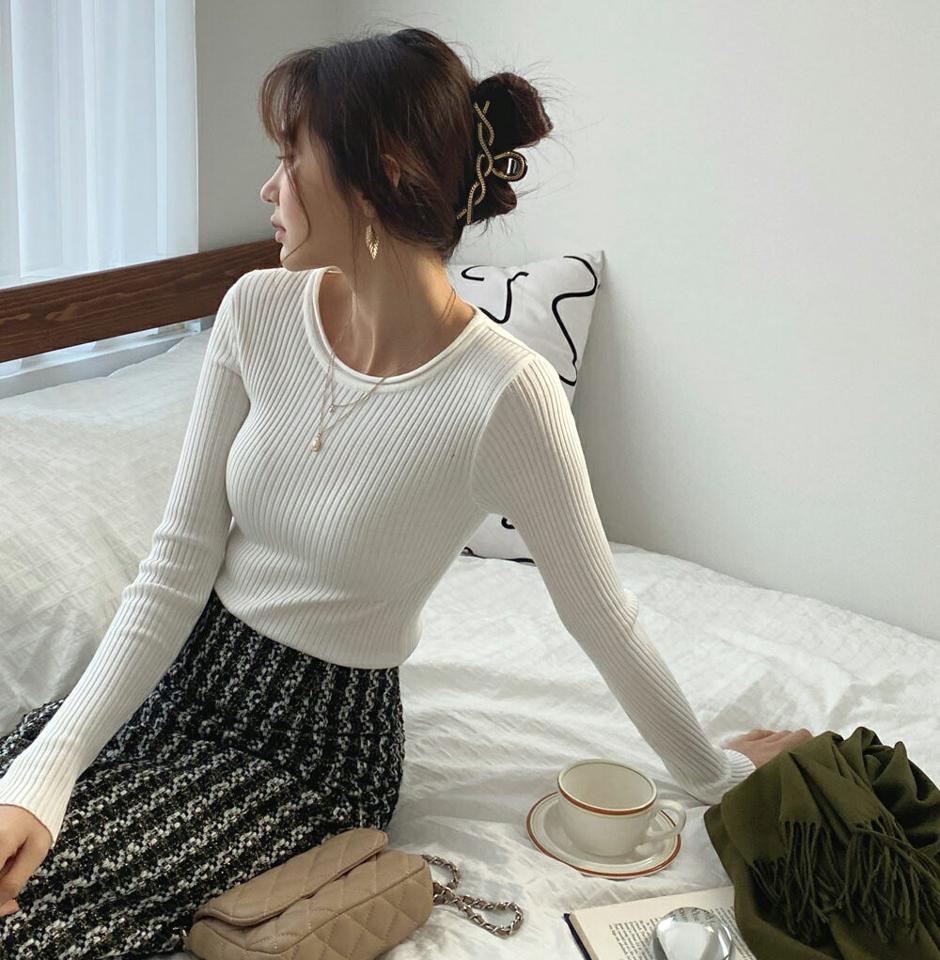 リブロールラウンドスリムニット・全5色・b66161 レディース 【tops】韓国ファッション トップス ニット 大人 長袖 ラウンドネック リブロール スリム 無地 ベーシック シンプル フェミニン カジュアル 秋 冬