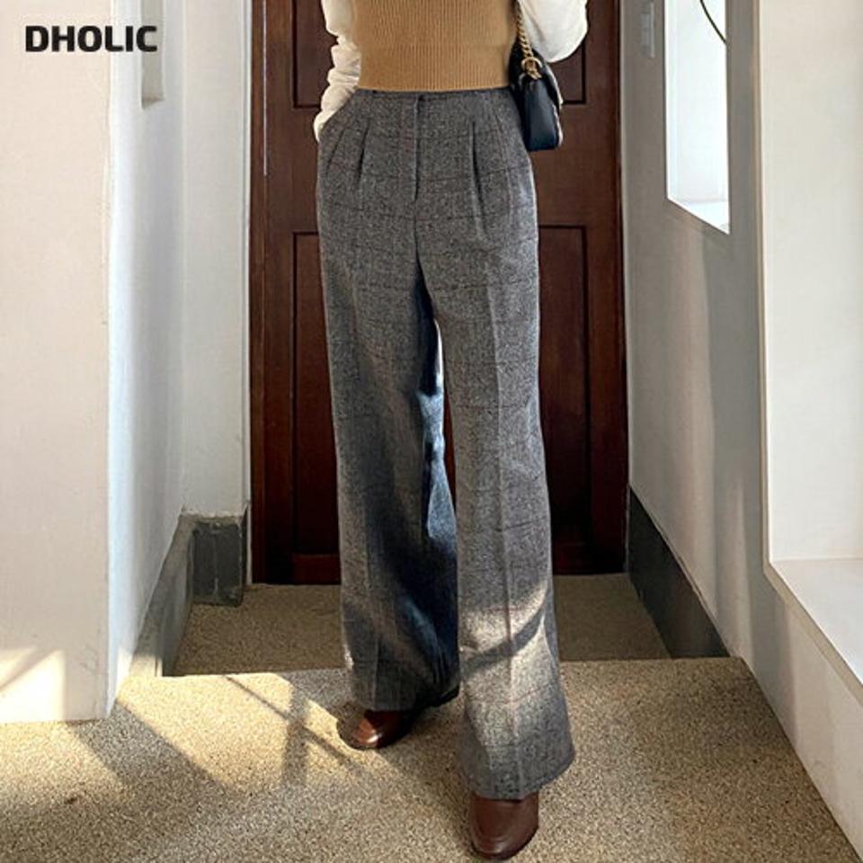 ウール混チェックワイドスラックス・全2色・t00056 レディース 【pt】韓国ファッション ボトムス ロング ロングパンツ スラックスパンツ スラックス ウール混 チェック ヘリンボーン ワイド ストレート シンプル カジュアル 秋 冬