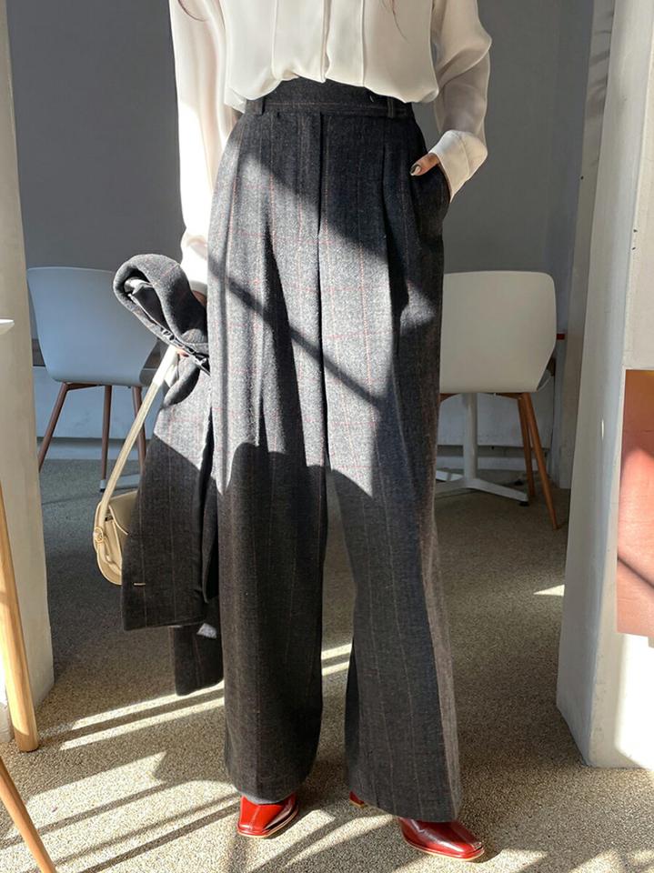 ウール混チェックワイドスラックス・全2色・t00056 レディース 【pt】韓国ファッション ボトムス ロング ロングパンツ スラックスパンツ スラックス ウール混 チェック ヘリンボーン ワイド ストレート シンプル カジュアル 秋 冬