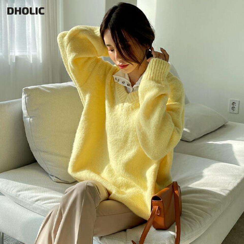 Vネックロングニット・全6色・t00063 レディース 【tops】韓国ファッション トップス ニット 大人 長袖 Vネック ロング丈 ルーズ ドロップショルダー パステル カラーニット 無地 ベーシック シンプル 体型カバー フェミニン カジュアル 秋 冬