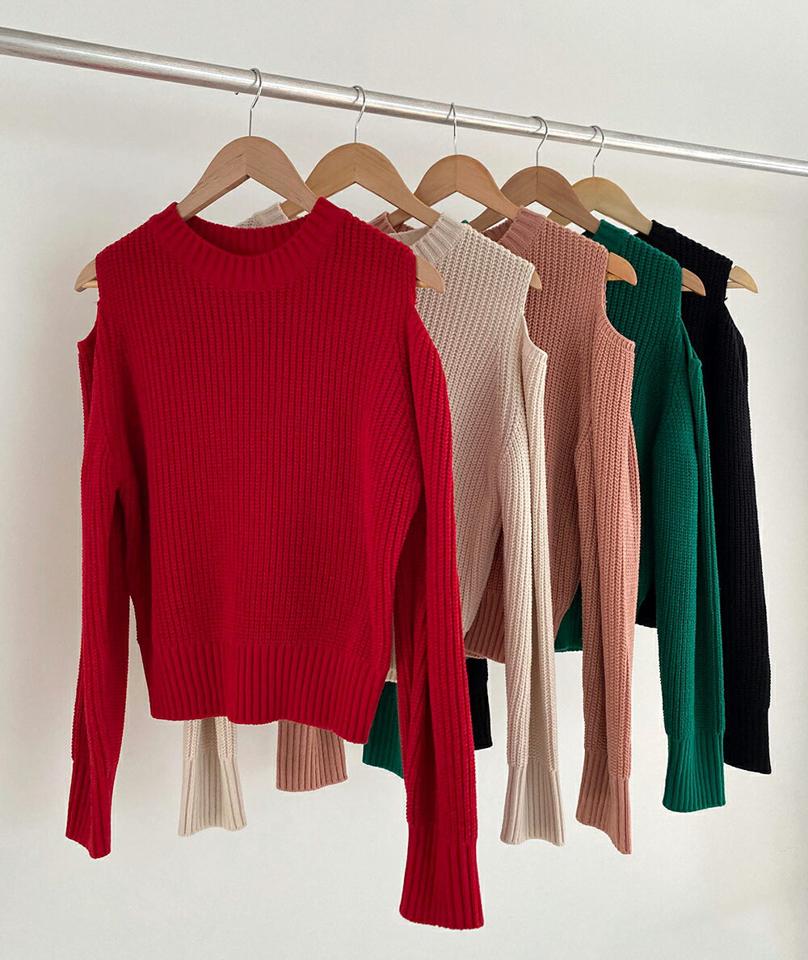 ショルダースリットニット・全5色・t00065 レディース 【tops】韓国ファッション トップス ニット 大人 長袖 ラウンドネック ショルダースリット カラーニット カラーアイテム 無地 シンプル フェミニン カジュアル 秋 冬