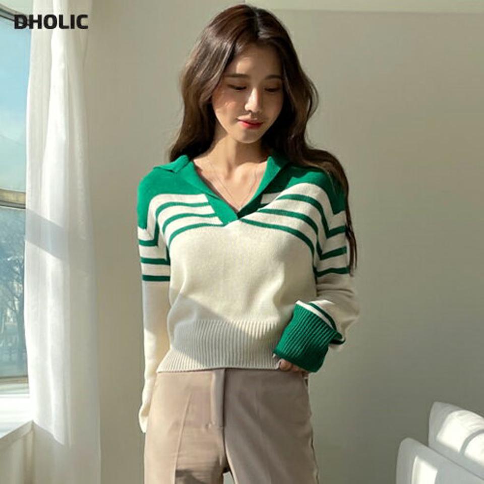 配色ボーダーカラーニット・全3色・t00066 レディース 【tops】韓国ファッション トップス ニット 大人 長袖 カラーネック ドロップショルダー 配色 ボーダー プルオーバー シンプル フェミニン カジュアル 秋 冬