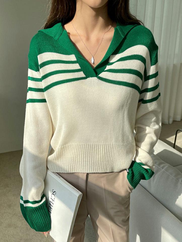 配色ボーダーカラーニット・全3色・t00066 レディース 【tops】韓国ファッション トップス ニット 大人 長袖 カラーネック ドロップショルダー 配色 ボーダー プルオーバー シンプル フェミニン カジュアル 秋 冬