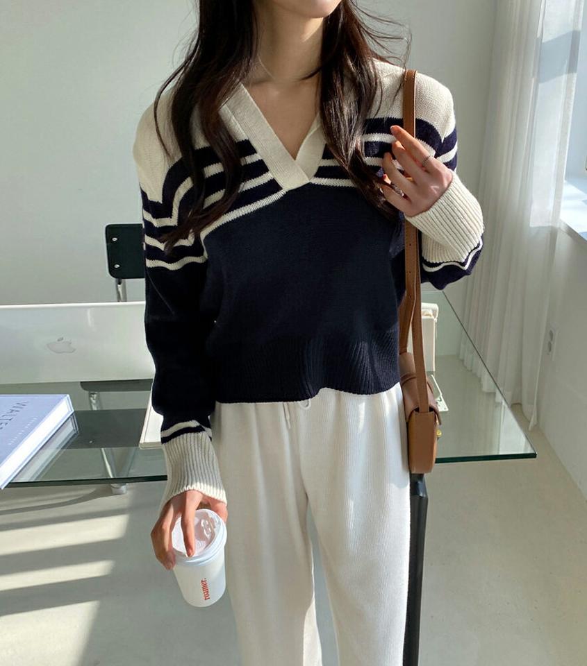 配色ボーダーカラーニット・全3色・t00066 レディース 【tops】韓国ファッション トップス ニット 大人 長袖 カラーネック ドロップショルダー 配色 ボーダー プルオーバー シンプル フェミニン カジュアル 秋 冬