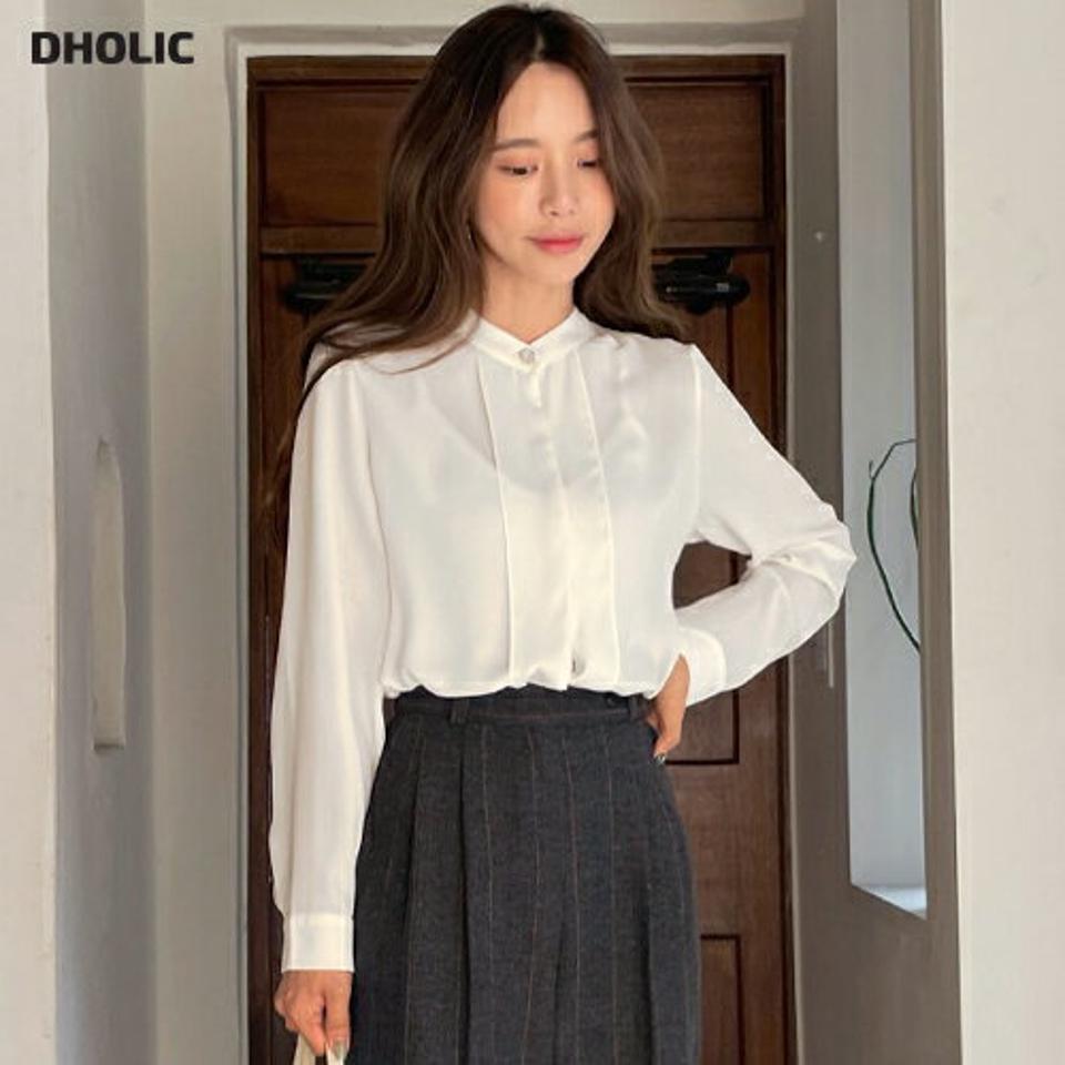 タックボタンブラウス・全4色・t00083 レディース 【bl】韓国ファッション トップス ブラウス 長袖 バンドカラー タック カフス ボタン ラウンドカット 無地 シンプル 大人 体型カバー カジュアル フェミニン 春 秋 冬
